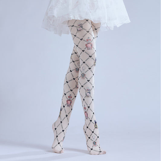 Rhombus Grid Pattern Printed Pantyhose-Grainvity