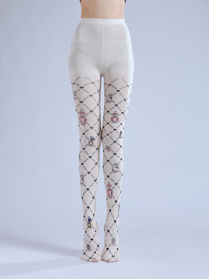 Rhombus Grid Pattern Printed Pantyhose-Grainvity