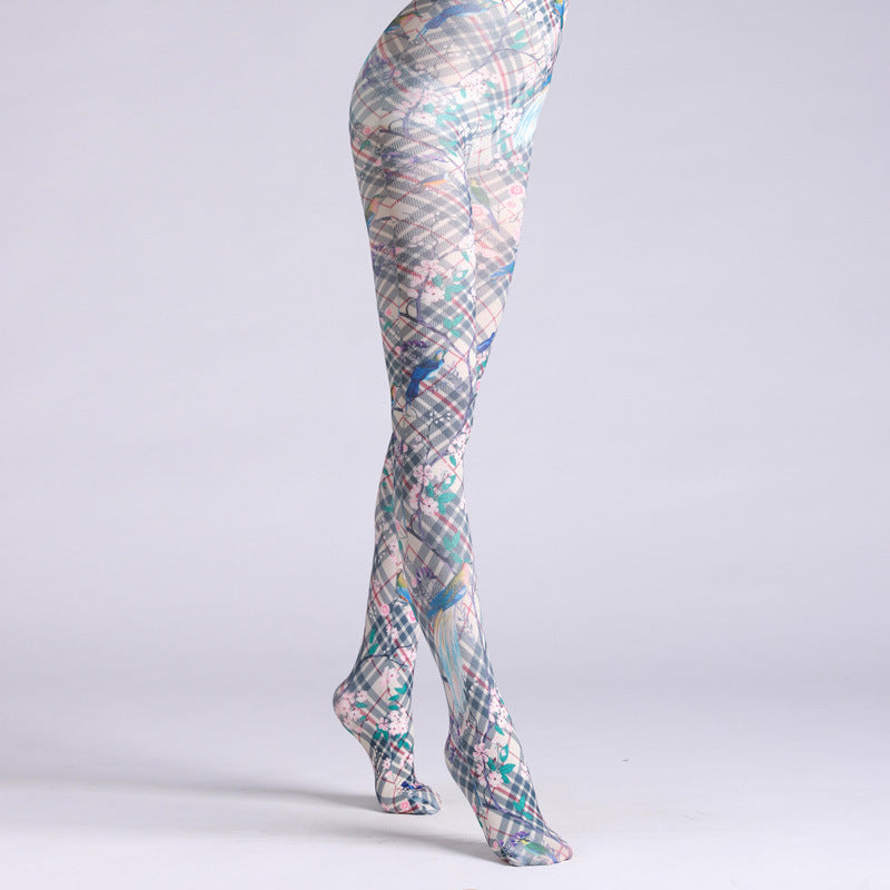 British Plaid Flower Bird Tights with high elasticity and compression,shaping fit and ideal for weddings, parties, ethnic outfits, and street fashion