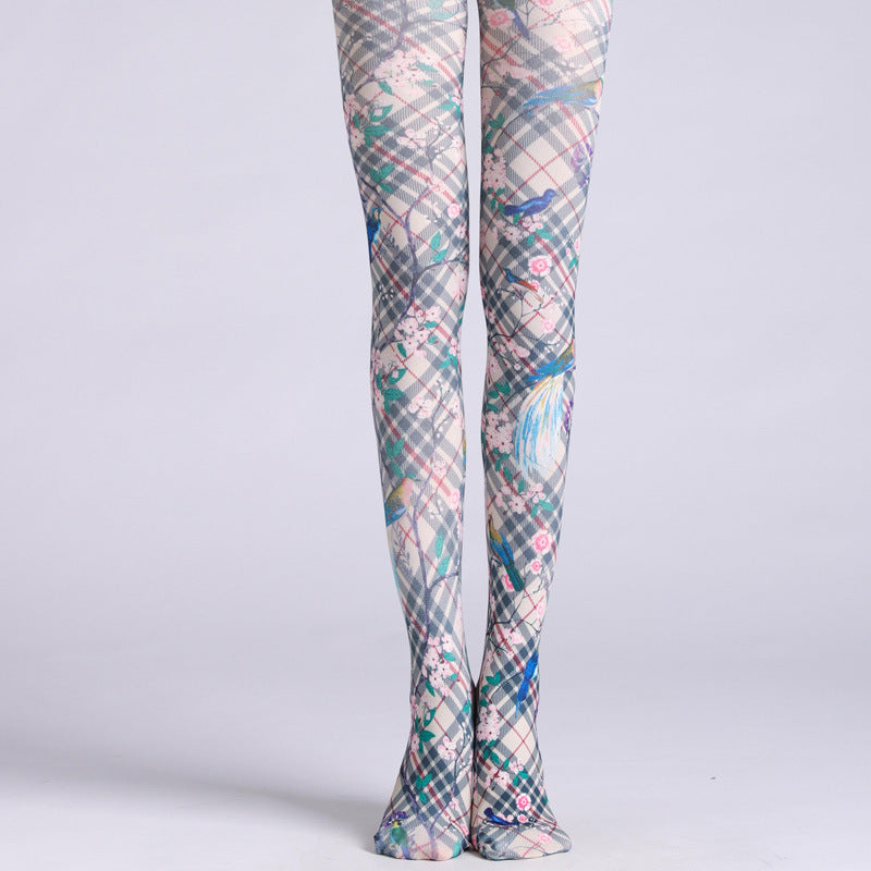 British Plaid Flower Bird Tights with high elasticity and compression,shaping fit and ideal for weddings, parties, ethnic outfits, and street fashion