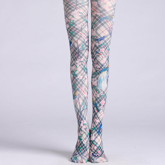 British Plaid Flower Bird Tights-Grainvity