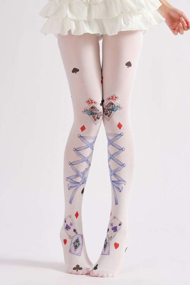 Funky Poker Strap Tights Semi-Sheer with high elasticity and shaping fit, suitable for events, cosplay, street style, and gifting girls at Christmas