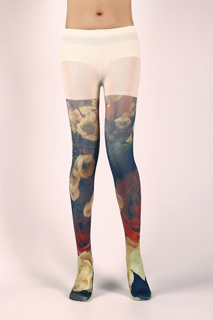 Oil Painting Floarl Tights with high elasticity and compression,shaping fit and ideal for weddings, parties, ethnic outfits, and street fashion