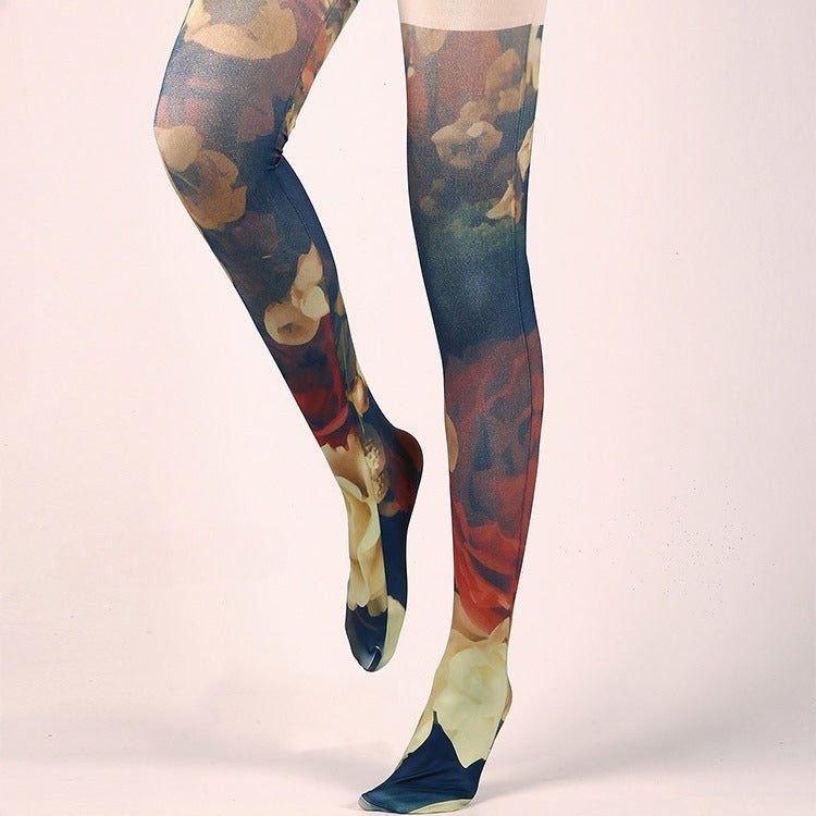 Oil Painting Floarl Tights with high elasticity and compression,shaping fit and ideal for weddings, parties, ethnic outfits, and street fashion
