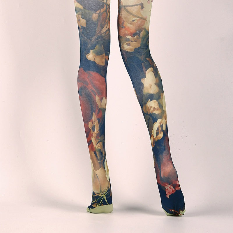 Oil Painting Floarl Tights with high elasticity and compression,shaping fit and ideal for weddings, parties, ethnic outfits, and street fashion