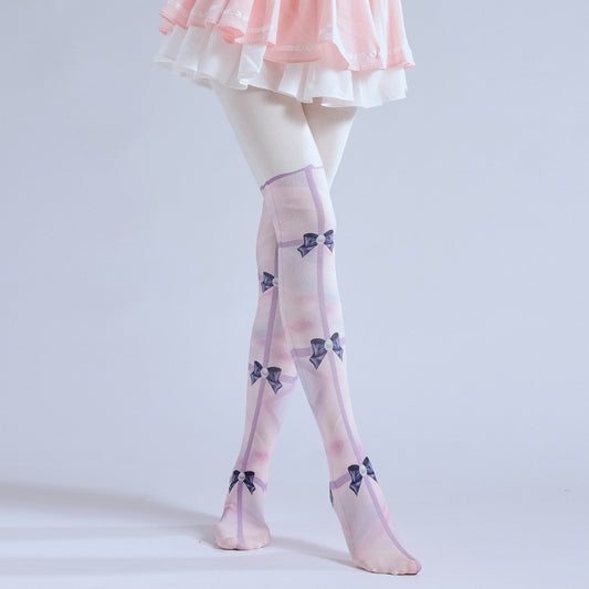 Rainbow Bow-Knot Women Tights with high elasticity and shaping fit, suitable for events, cosplay, street style, and gifting girls at Christmas