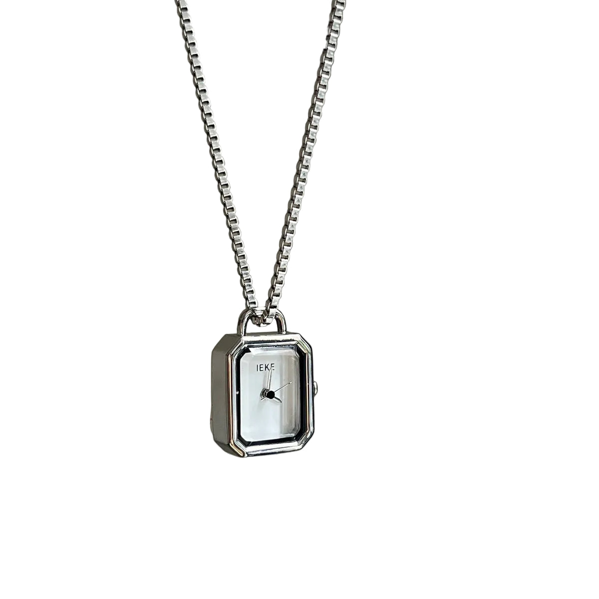 Silver rectangle pendant watch with a white dial