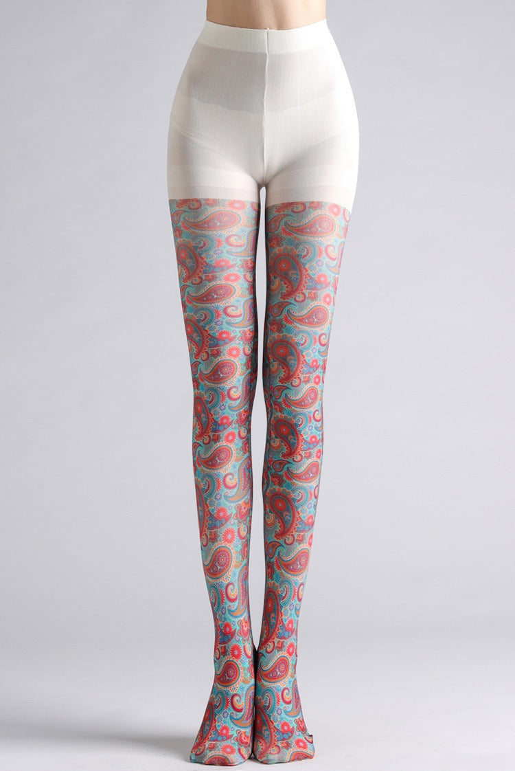 Red Paisley Tights with high elasticity and compression,shaping fit and ideal for weddings, parties, ethnic outfits, and street fashion