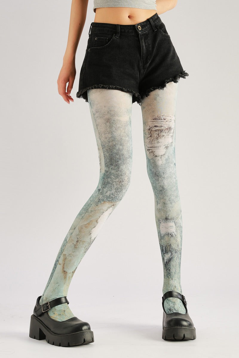 Vintage Ripped Jeans Print Tights with high elasticity and compression,shaping fit and ideal for weddings, parties, ethnic outfits, and street fashion