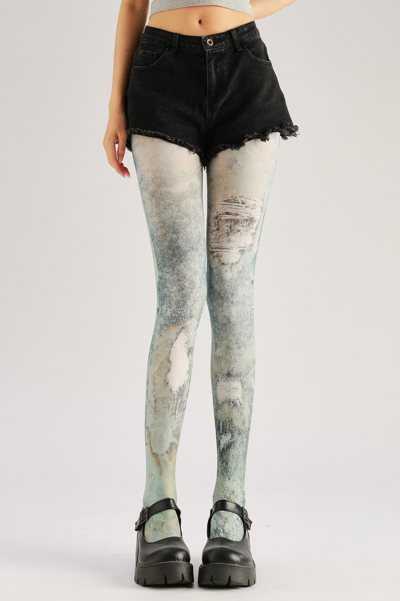 Vintage Ripped Jeans Print Tights with high elasticity and compression,shaping fit and ideal for weddings, parties, ethnic outfits, and street fashion
