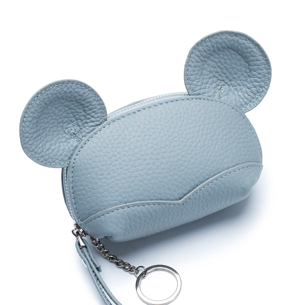 Round Ear Cartoon Leather Coin Purse – Cute Cowhide Card & Change Bag