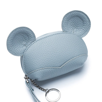 Round Ear Cartoon Leather Coin Purse – Cute Cowhide Card & Change Bag