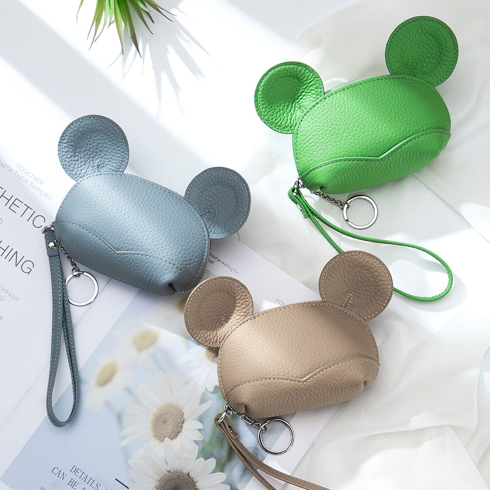Round Ear Cartoon Leather Coin Purse – Cute Cowhide Card & Change Bag