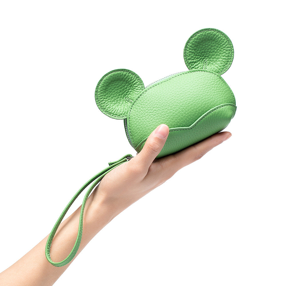 Round Ear Cartoon Leather Coin Purse – Cute Cowhide Card & Change Bag