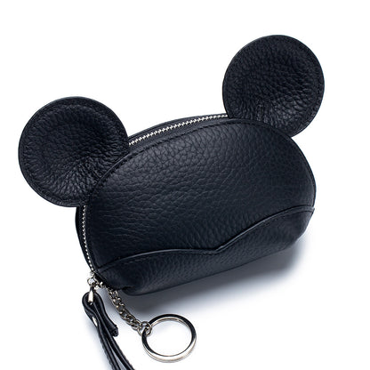 Round Ear Cartoon Leather Coin Purse – Cute Cowhide Card & Change Bag