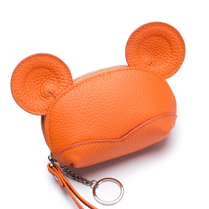 Round Ear Cartoon Leather Coin Purse – Cute Cowhide Card & Change Bag