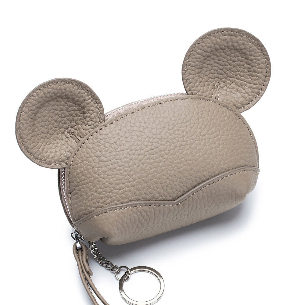 Round Ear Cartoon Leather Coin Purse – Cute Cowhide Card & Change Bag