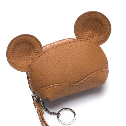 Round Ear Cartoon Leather Coin Purse – Cute Cowhide Card & Change Bag