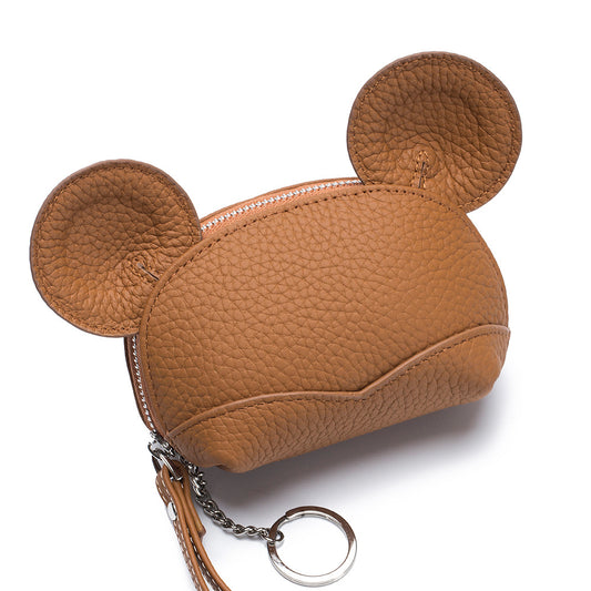 Round Ear Cartoon Leather Coin Purse – Cute Cowhide Card & Change Bag