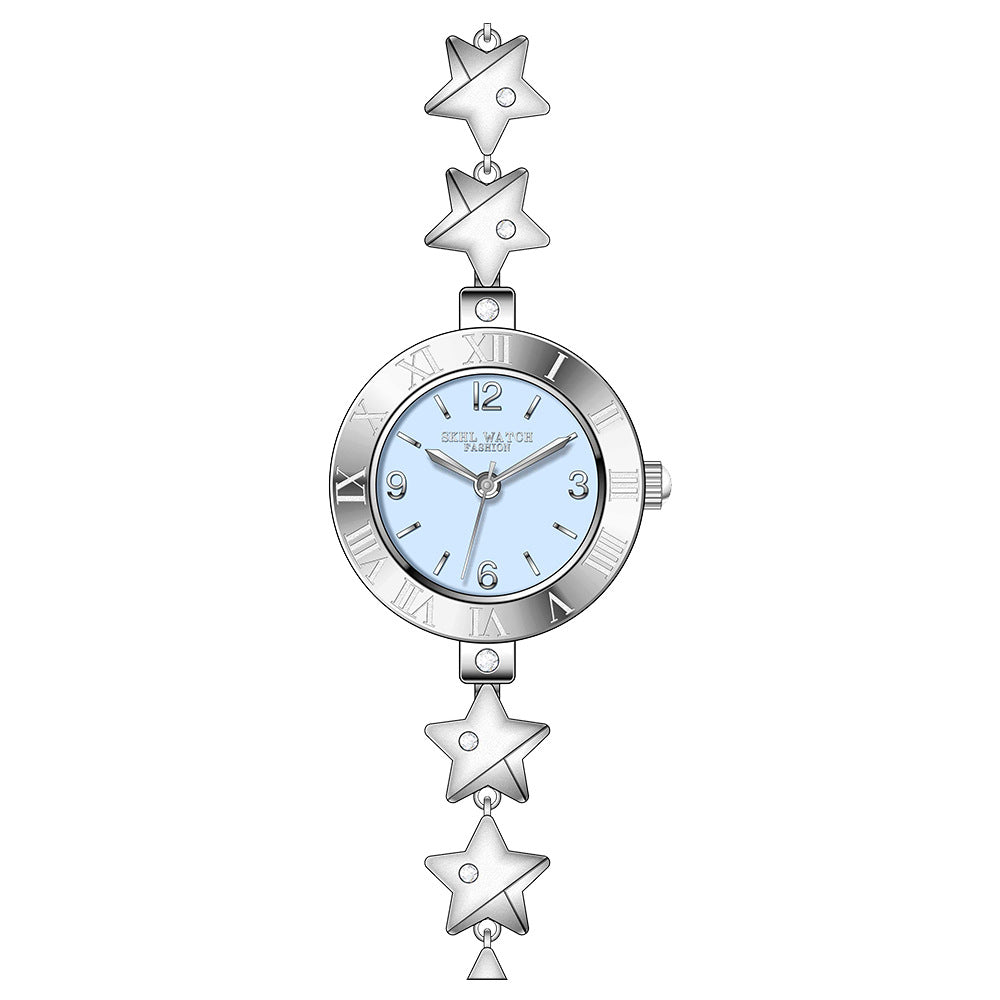 Silver star bracelet watch for women with a sky-blue dial