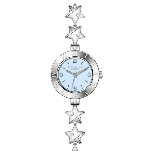 Silver star bracelet watch for women with a sky-blue dial
