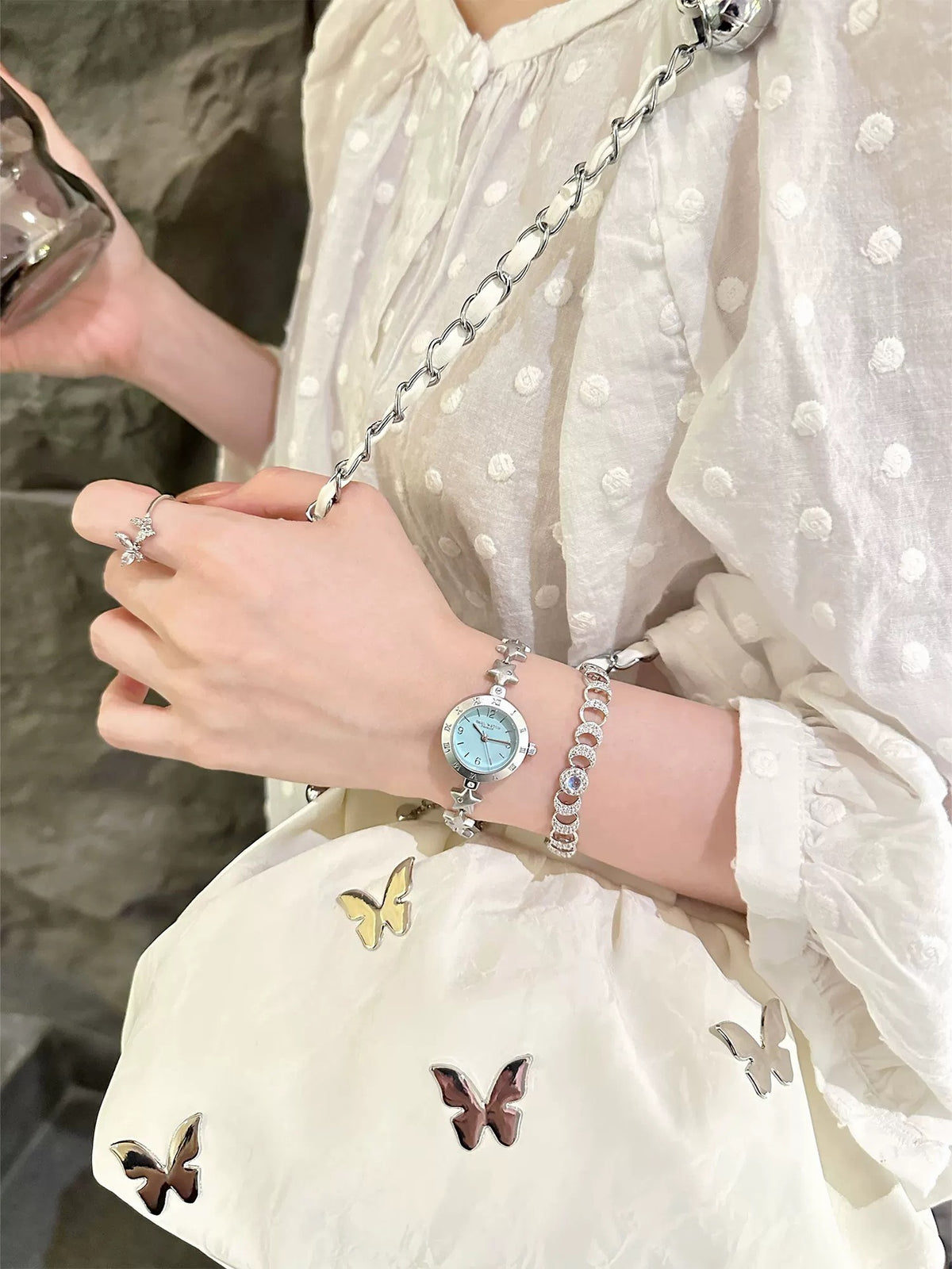 Dainty silver star watch with blue face