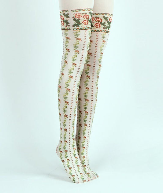 Flower Stripes Opaque Tights with high elasticity and compression,shaping fit and ideal for weddings, parties, ethnic outfits, and street fashion