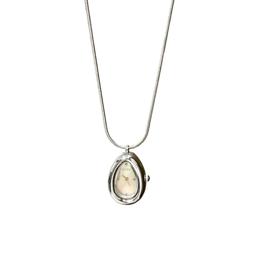 Silver teardrop pendant watch with a white dial on a snake chain