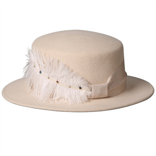 Vintage Wool Boater Hat with Feather-Grainvity