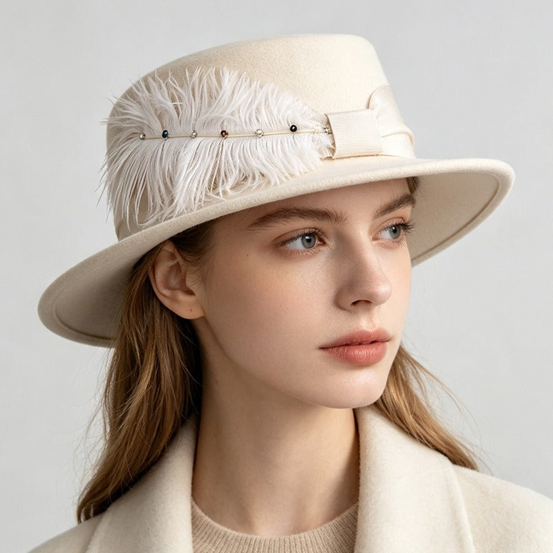 Vintage Wool Boater Hat with Feather-Grainvity