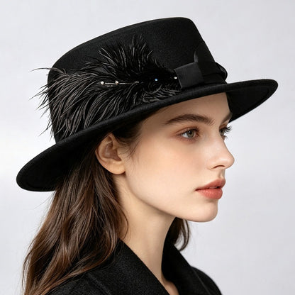 Vintage Wool Boater Hat with Feather-Grainvity