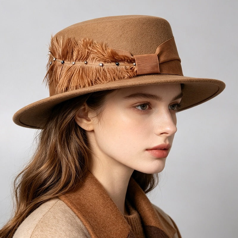 Vintage Wool Boater Hat with Feather-Grainvity