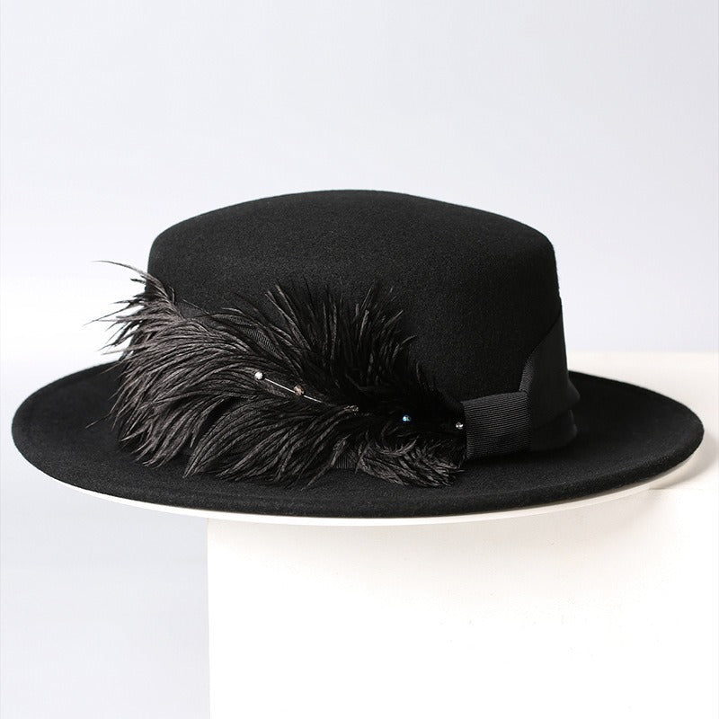 Vintage Wool Boater Hat with Feather-Grainvity