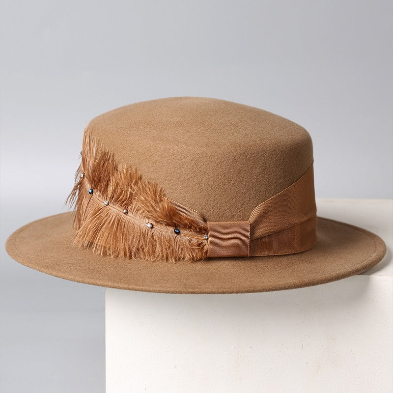 Vintage Wool Boater Hat with Feather-Grainvity