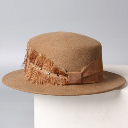 Vintage Wool Boater Hat with Feather-Grainvity