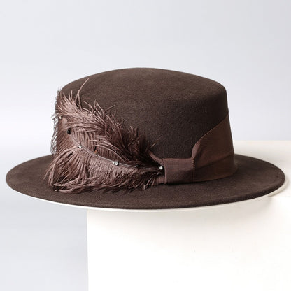 Vintage Wool Boater Hat with Feather-Grainvity