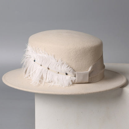 Vintage Wool Boater Hat with Feather-Grainvity