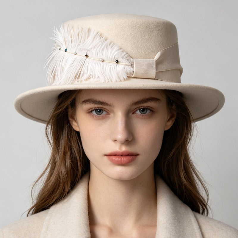 Vintage Wool Boater Hat with Feather-Grainvity