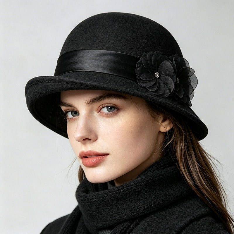 Vintage Wool Cloche Hat with Floral Accent-Grainvity