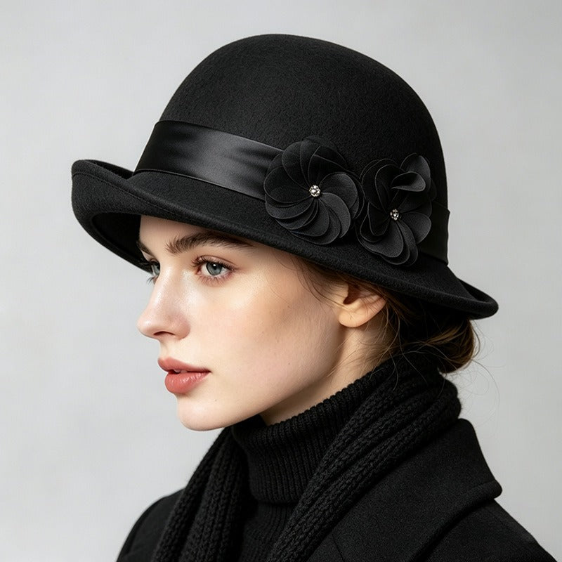 Vintage Wool Cloche Hat with Floral Accent-Grainvity