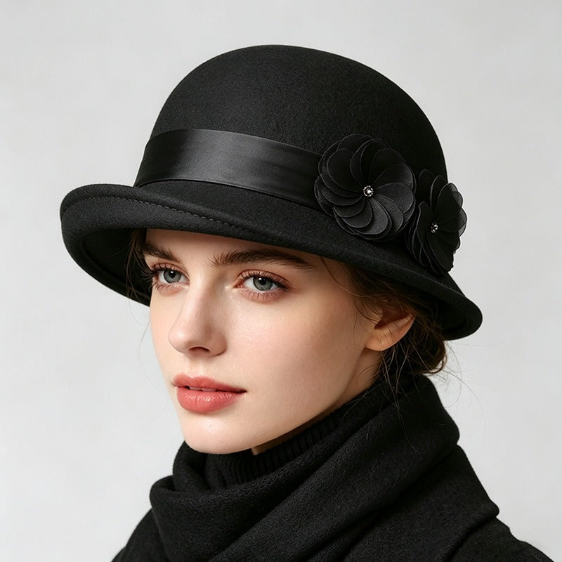 Vintage Wool Cloche Hat with Floral Accent-Grainvity
