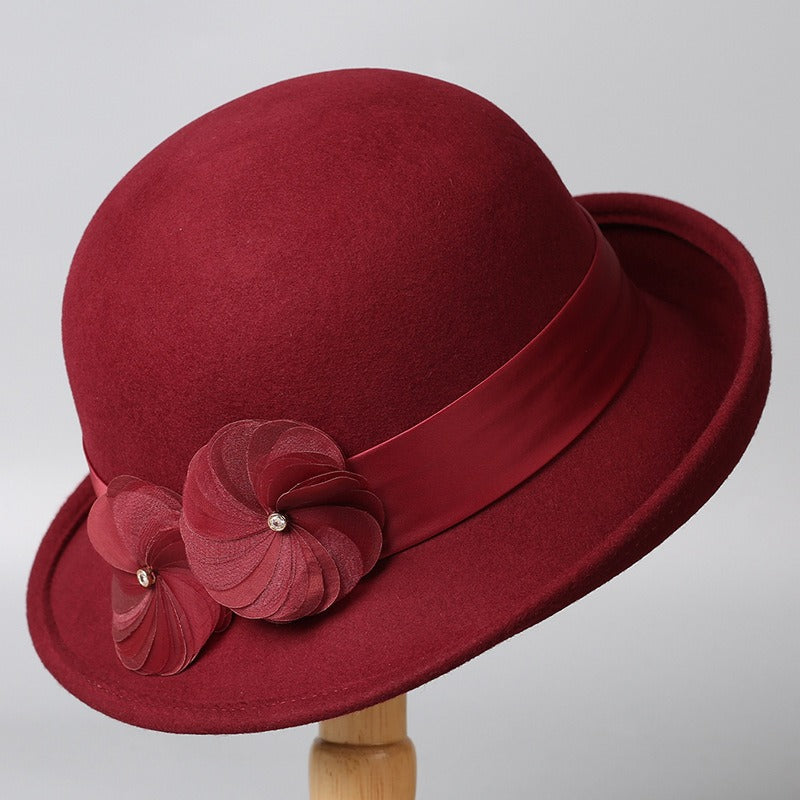 Vintage Wool Cloche Hat with Floral Accent-Grainvity