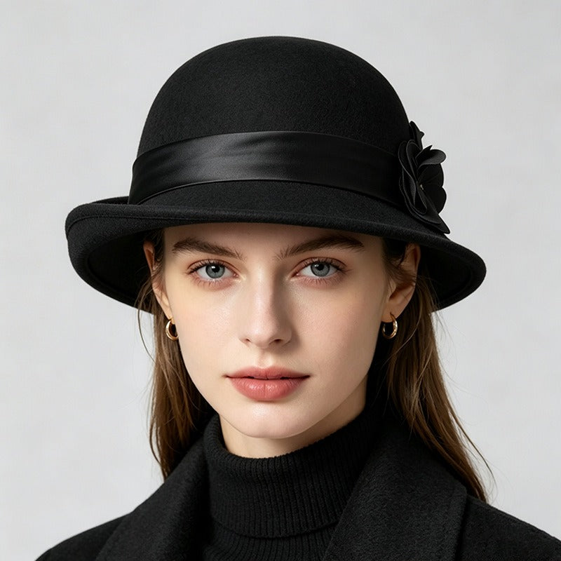 Vintage Wool Cloche Hat with Floral Accent-Grainvity