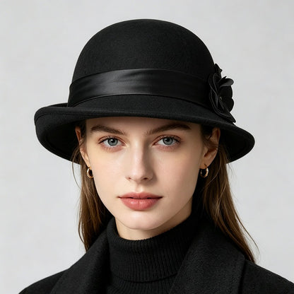 Vintage Wool Cloche Hat with Floral Accent-Grainvity