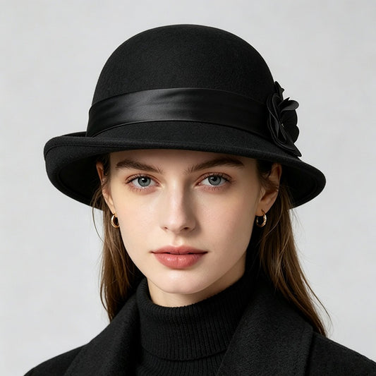 Vintage Wool Cloche Hat with Floral Accent-Grainvity