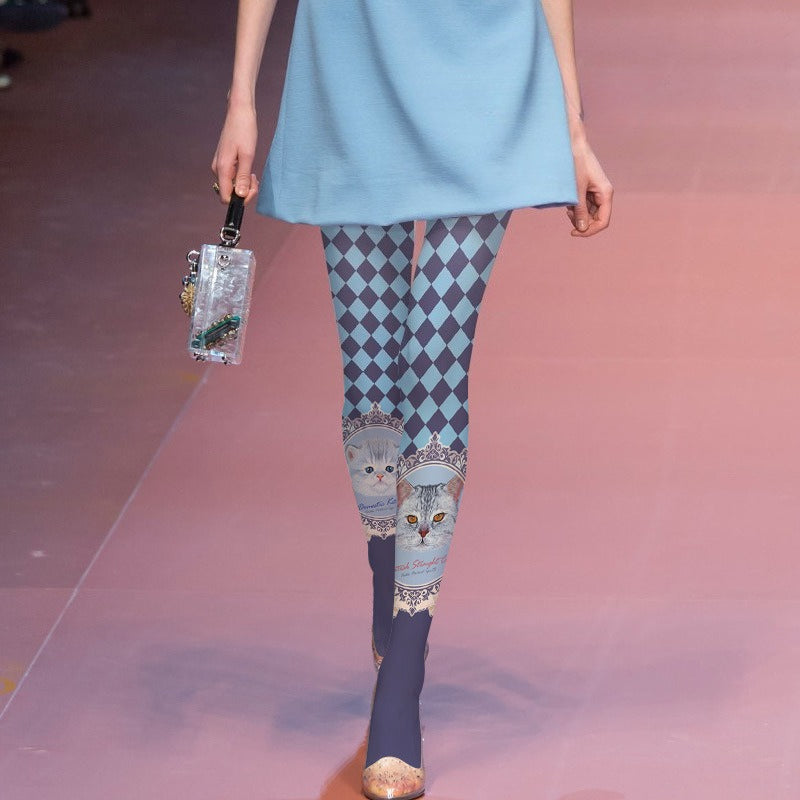 Vintage Cartoon Plaid Cat Tights