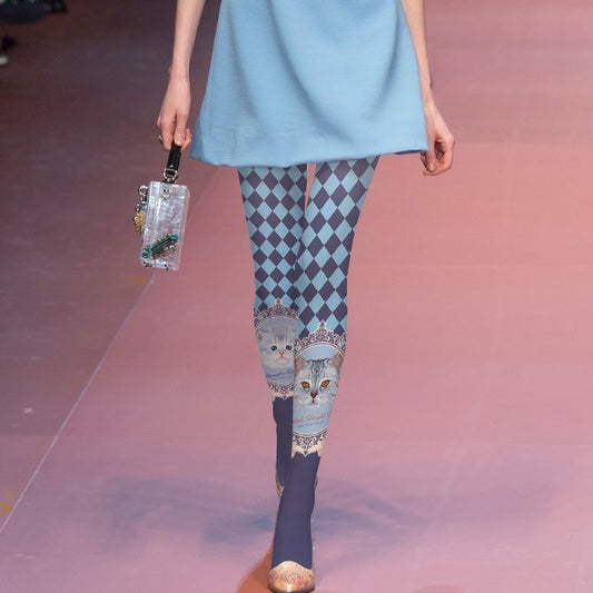 Vintage Cartoon Plaid Cat Tights