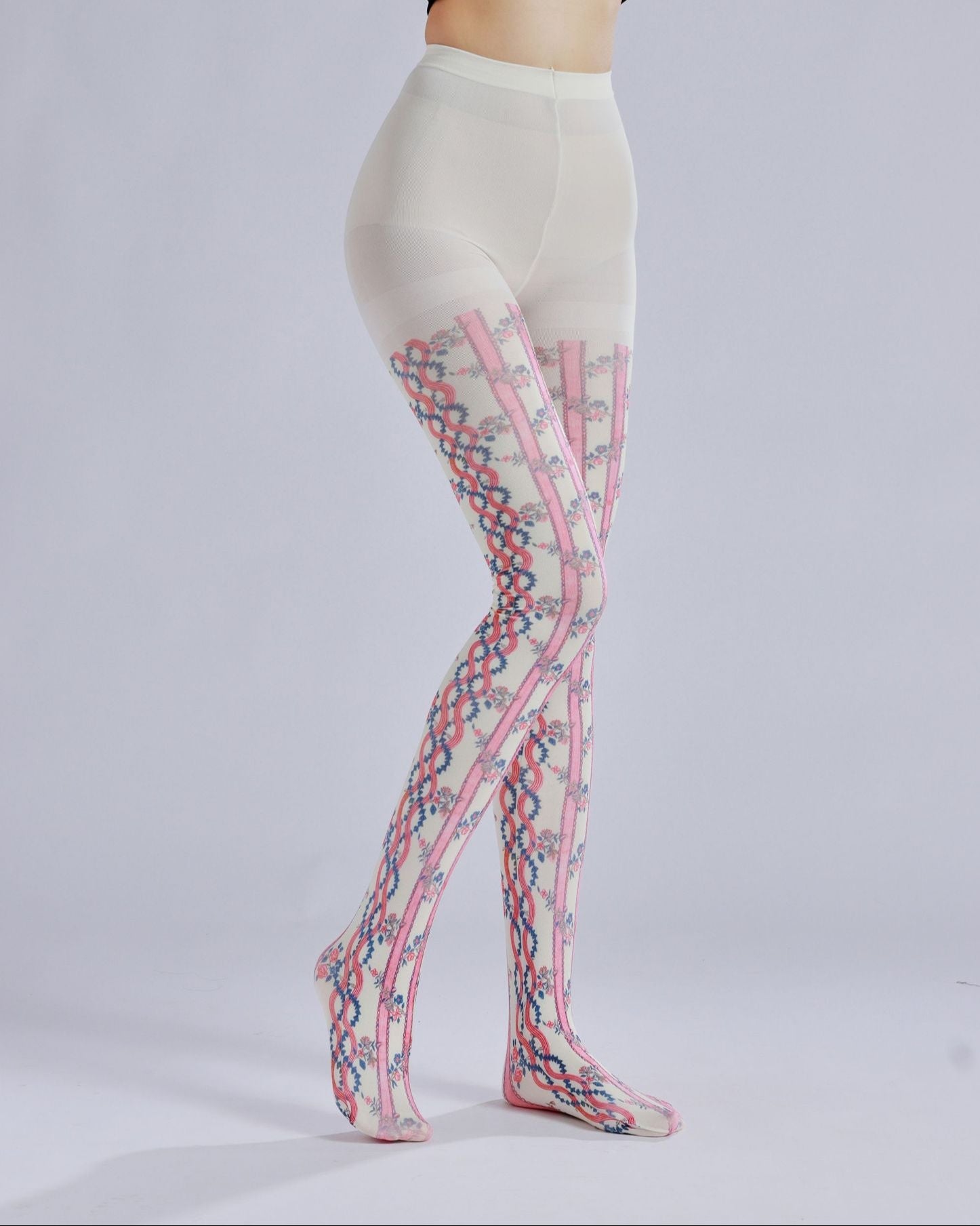 Striped Floral Print Tights with high elasticity and compression,shaping fit and ideal for weddings, parties, ethnic outfits, and street fashion