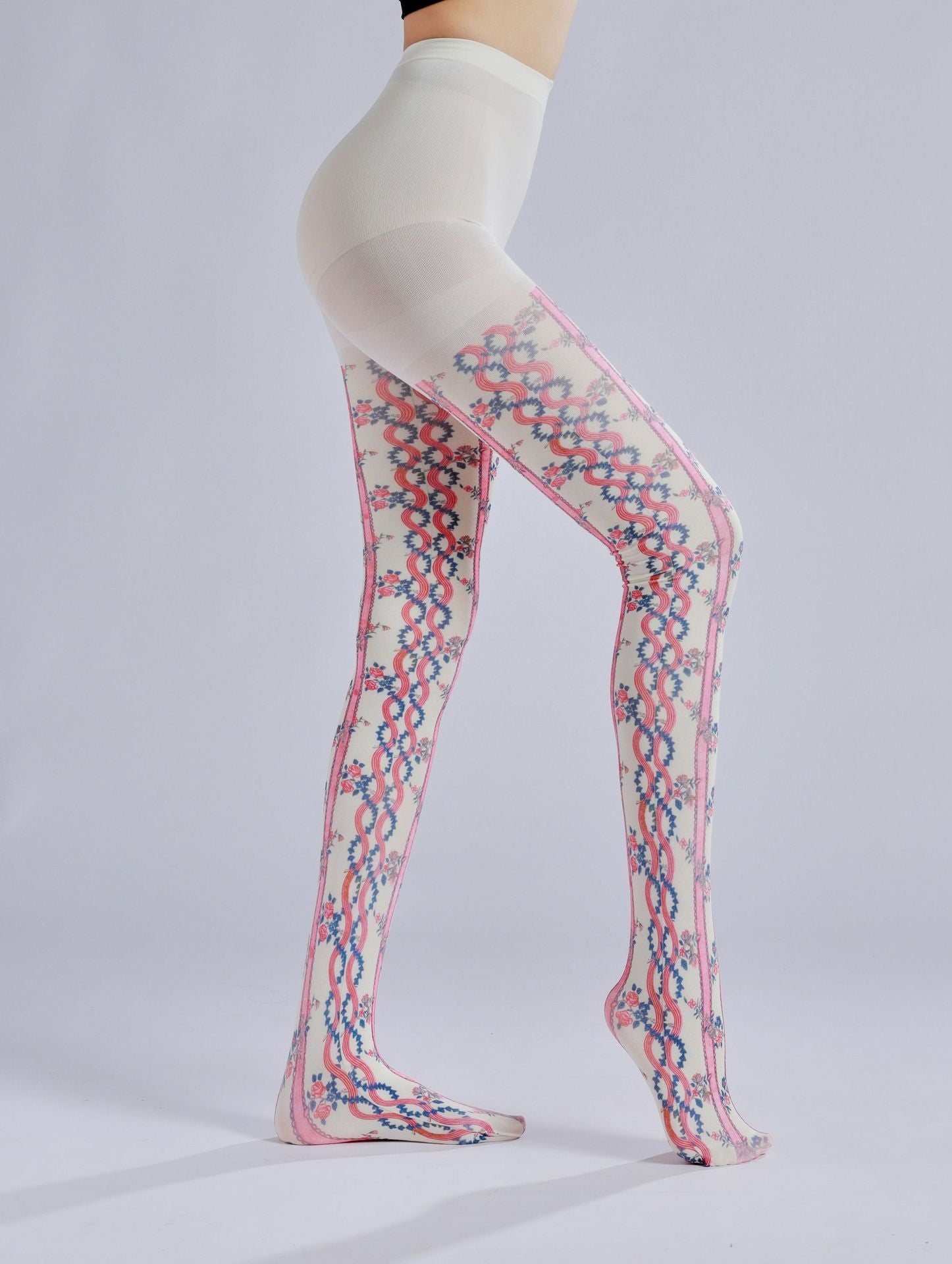 Striped Floral Print Tights with high elasticity and compression,shaping fit and ideal for weddings, parties, ethnic outfits, and street fashion