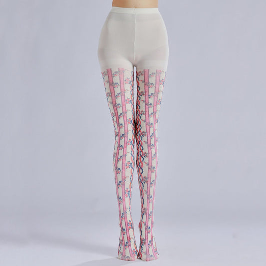 Striped Floral Print Tights with high elasticity and compression,shaping fit and ideal for weddings, parties, ethnic outfits, and street fashion